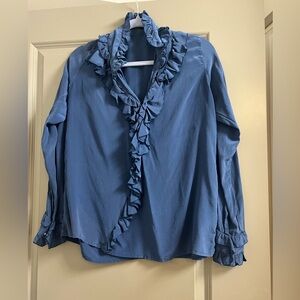 Indah Ruffled Silk Blouse Blue Small
